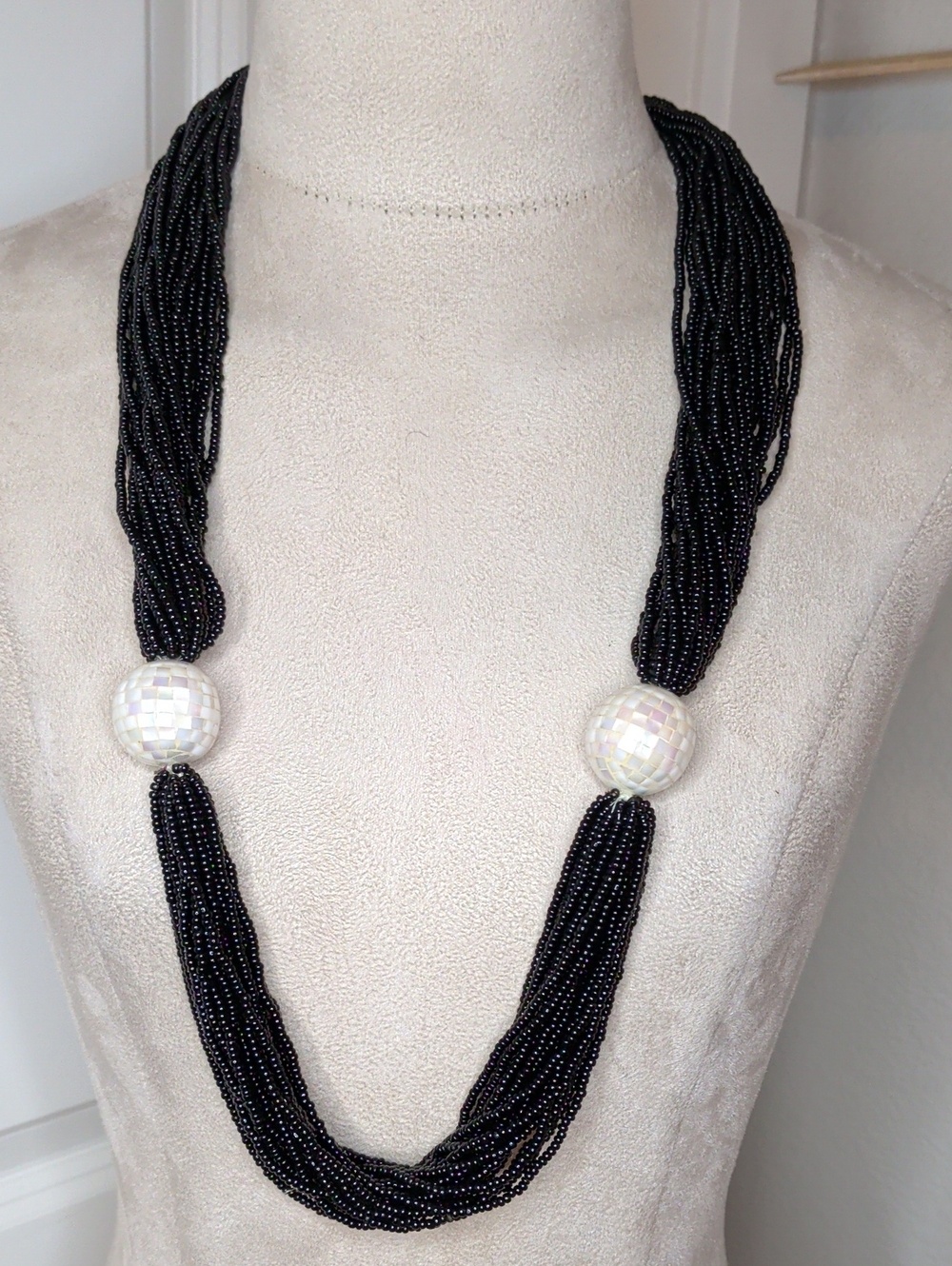 Vintage 70s Hobe Necklace 24 Strand Black Seed Beads Mother Of Pearl Mosaic Ball